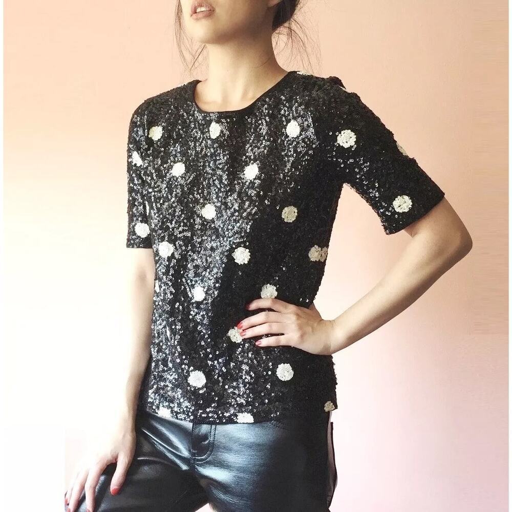 J. Crew Women's Sequin Short Sleeve Top Black White Polka‎ Dots Blogger Favorite